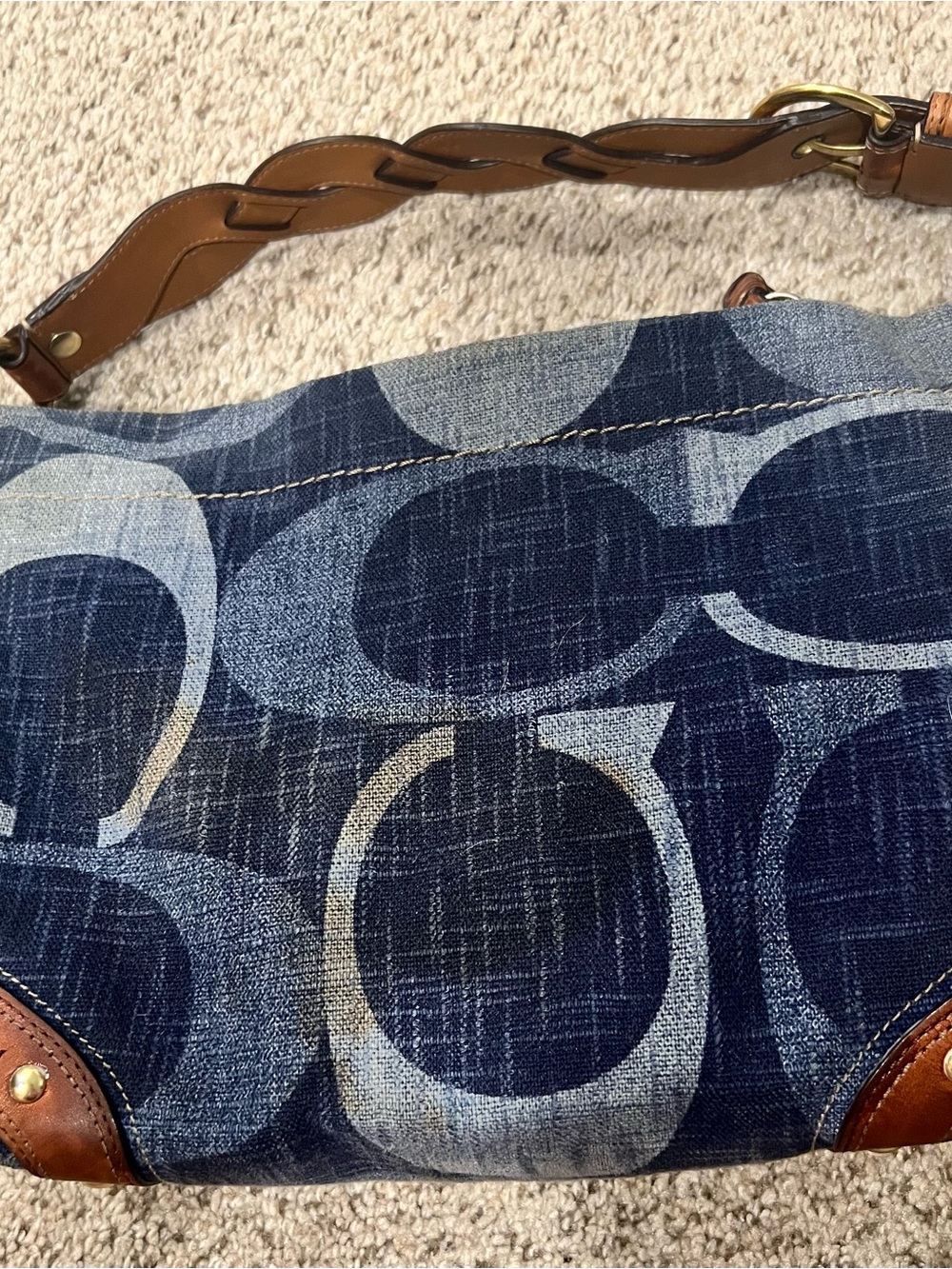 Vintage Coach Denim Carly Logo-Print Shoulder Bag in Navy and Tan - Picture 2 of 11